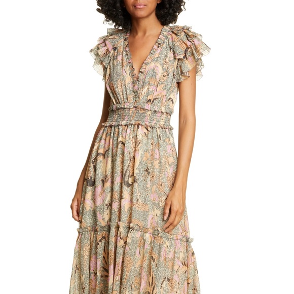 ULLA JOHNSON Claudette Floral Chiffon Beige Dress - Picture 3 of 7